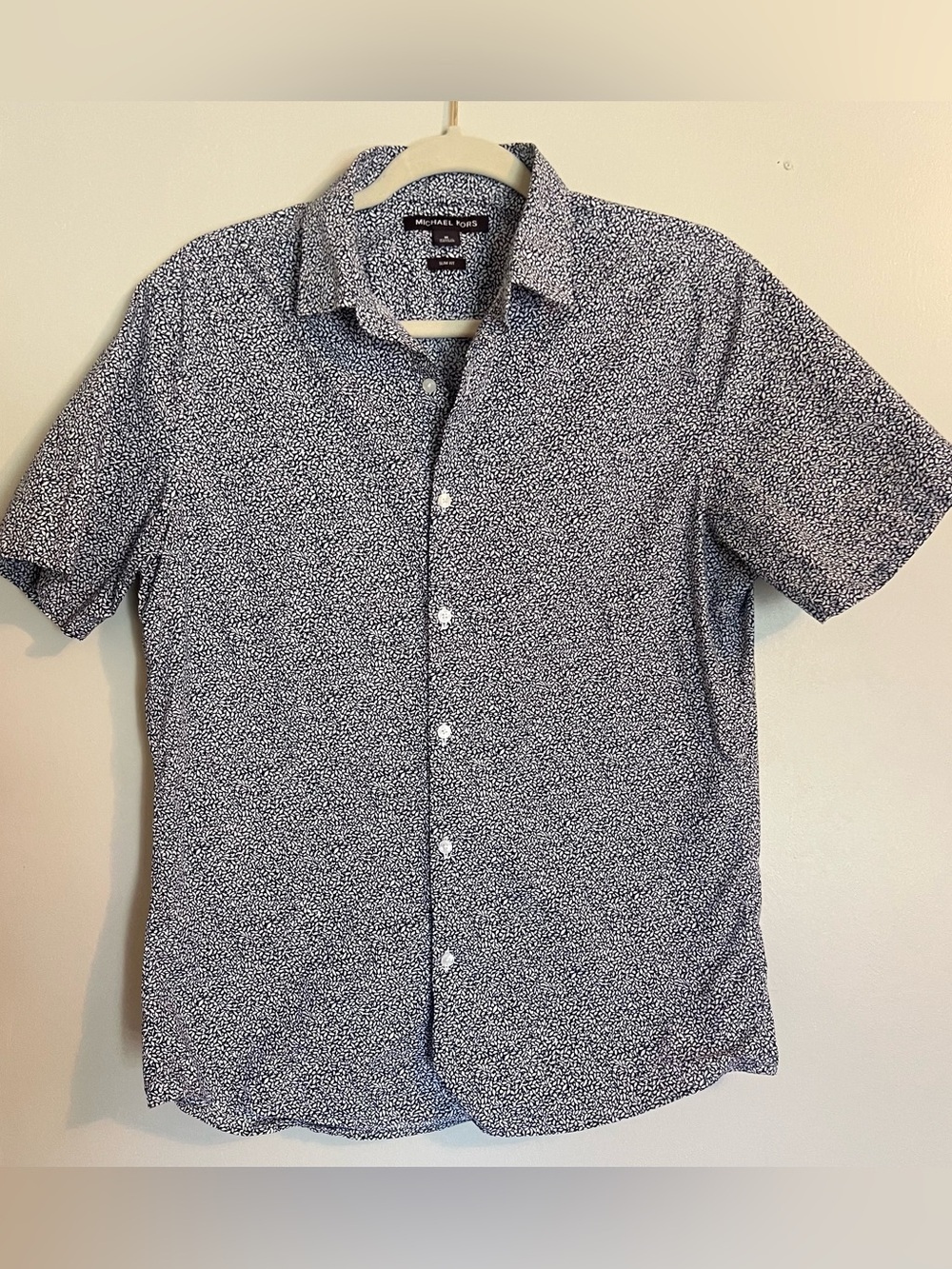 Michael Kors Navy and White Patterned Short Sleeve Button-Up Shirt